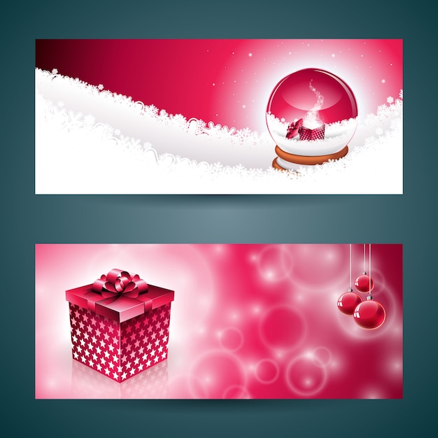 Vector Vrolijke Kerst banner illustratie met cadeau doos en magische sneeuwbol op rode achtergrond.