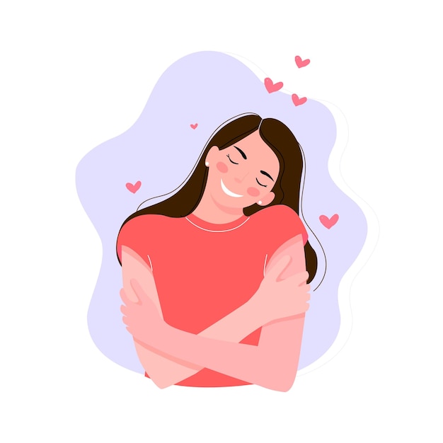 Vector vrouw knuffelen zichzelf karakterHou van jezelf Hou van je lichaam concept Meisje Gezondheidszorg Huidverzorging Neem tijd voor jezelf Vrouw knuffelen zichzelf met hartjes op witte achtergrond Pastel roze schattig