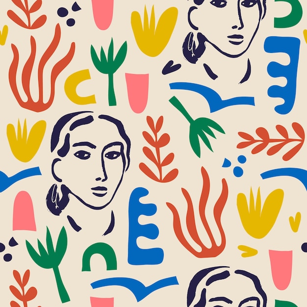 Vector vrouw kunst naadloze patroon achtergrond Matisse geïnspireerd hand getrokken hedendaagse vrouwen portretten bloemen en abstracte vormen voor print kunst aan de muur decor retro stijl collage