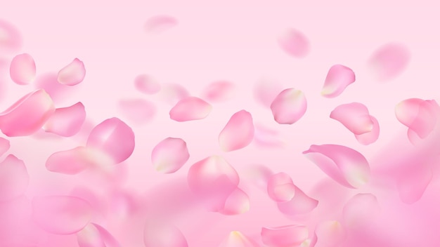 Vettore carta da parati vettoriale di petali di rosa realistici modello di primo piano del petalo di sakura rosa sfocato voluminoso volante con effetto sfocato illustrazione floreale primaverile per biglietto di auguri romantico banner di sfondo