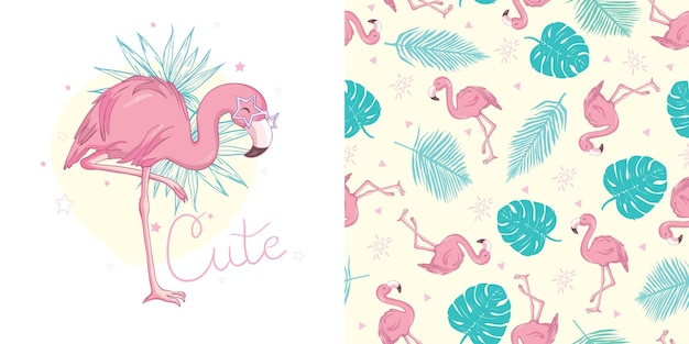 Vector wallpaper set of seamless patterns with images of flamingos