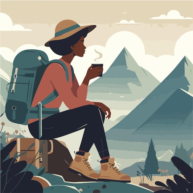 Vector wandelaars zitten in de bergen koffie te drinken.