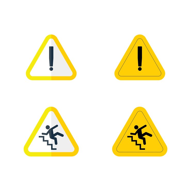 Vector warning signs of high voltage hazard and fall from stair isolated on a white background
