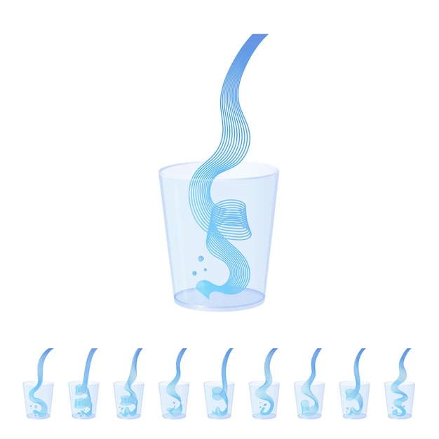 Vector vector water splash pour in glass set. vector isolated illustration. healthy vitamin drink