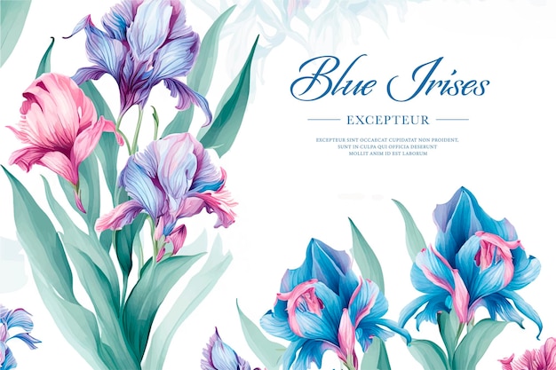 Vector watercolor banner with beautiful framed irises flowers for spring or summer holiday