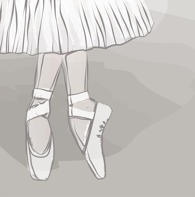 Vector watercolor brush drawing of feet of dancing ballerina in pointe shoes
