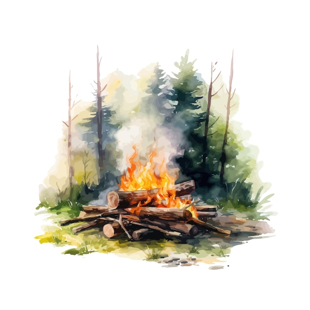 Vector vector watercolor camping fire with woods isolated white background