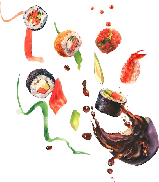 寿司、スプラッシュ ソース、白い背景の上の寿司の成分を含むベクトル水彩組成。