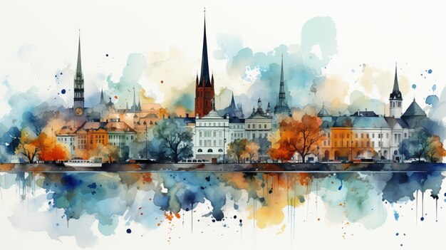 Vector vector watercolor country on white background eps vintage paris europe travel denmark vintag