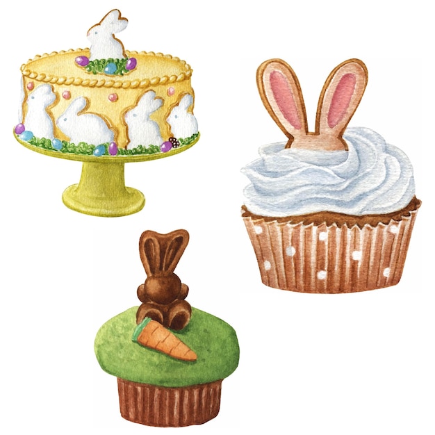 Vector vector watercolor easter bunny cupcakes and cute cake