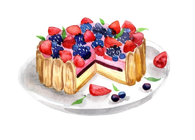 ベリーとケーキのベクトル水彩イラスト