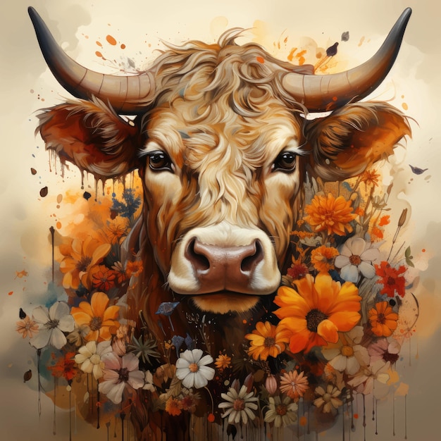 Vector watercolor illustration of a cow with a landscape