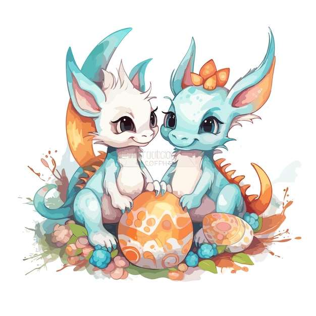 Vector watercolor illustration of a cute dragon