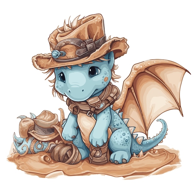 Vector watercolor illustration of a cute dragon