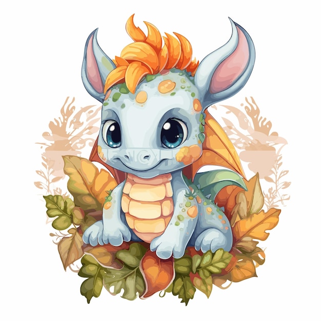 Vector watercolor illustration of a cute dragon