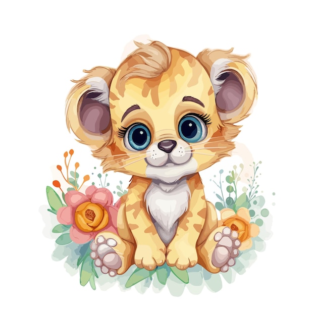 Vector watercolor illustration of a cute lion