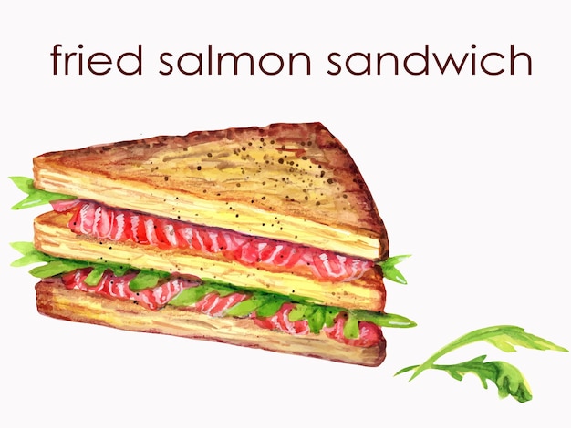 Vector vector watercolor illustration of food fried sandwich with salmon