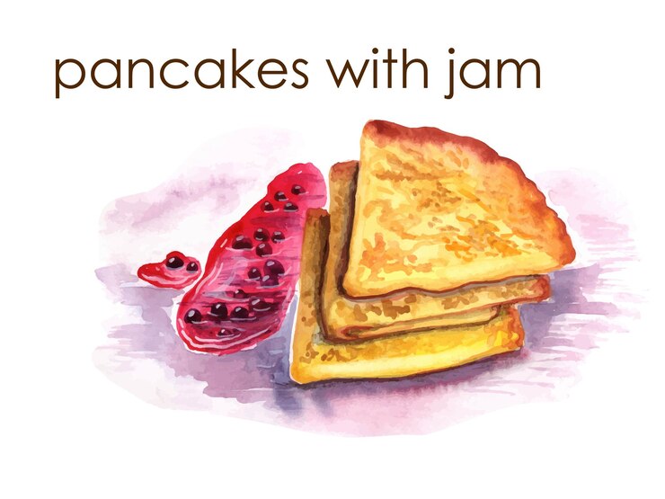 Vector vector watercolor illustration of food pancakes with jam