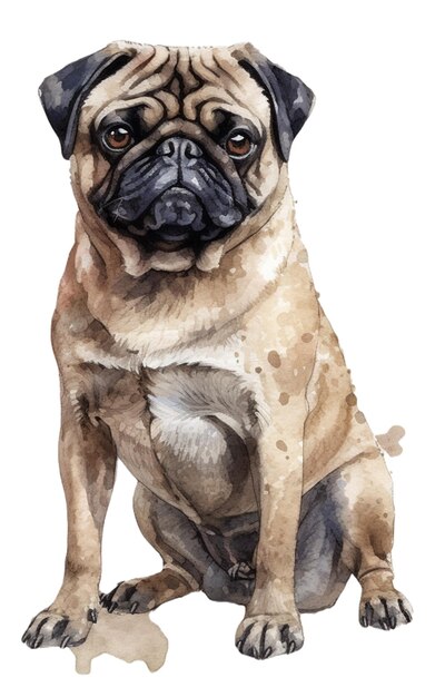 Vector vector watercolor illustration of a funny dog popular dog breed dog pug hand made character isol