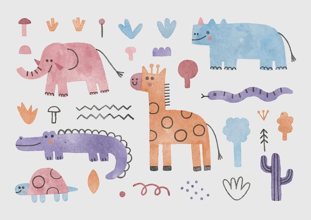 Vector watercolor illustration set of colourful animals