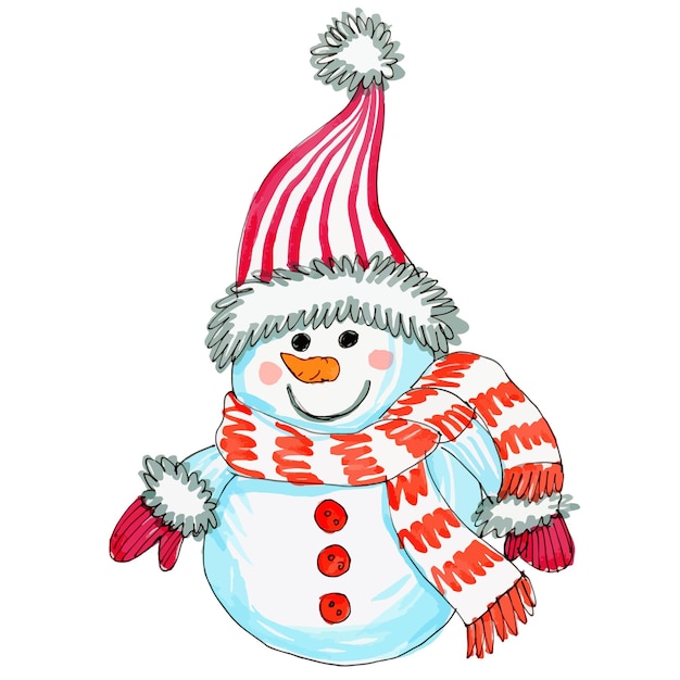 Vector watercolor illustration of of snowman in hat with scarf