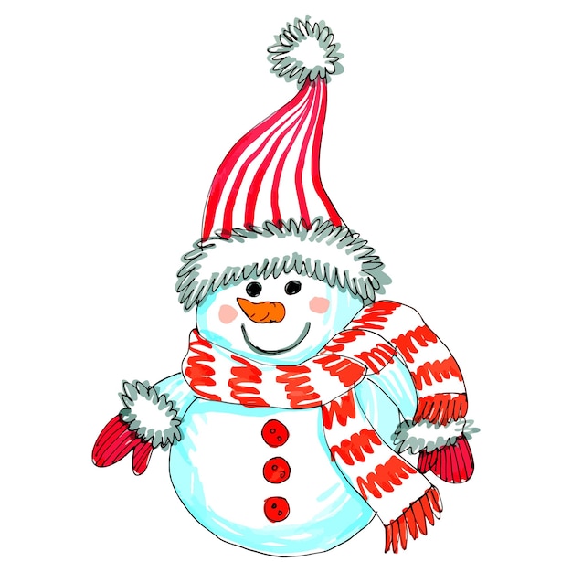 Vector watercolor illustration of of snowman in hat with scarf