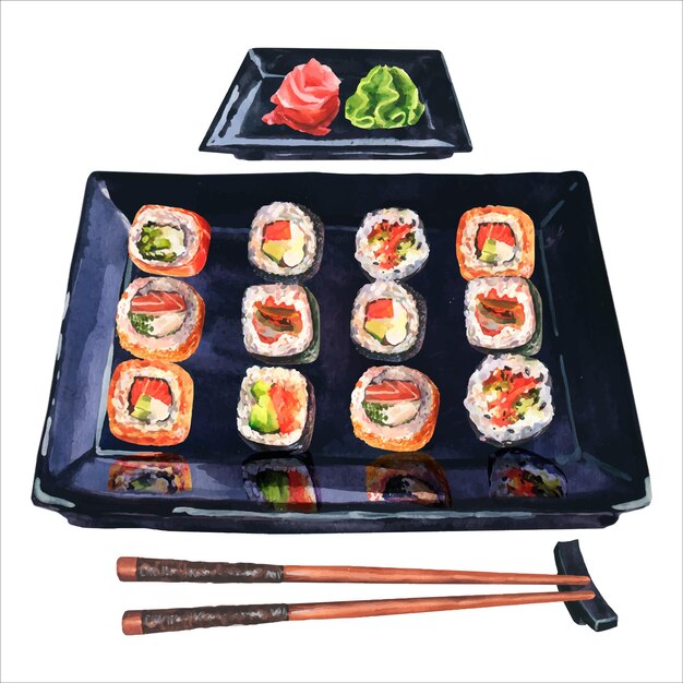 Vector watercolor illustration sushi rolls set serving with ginger and wasabi on  black tray.