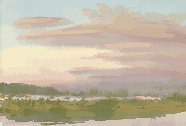 Vector watercolor landscape of fog over riverside in early pink morning