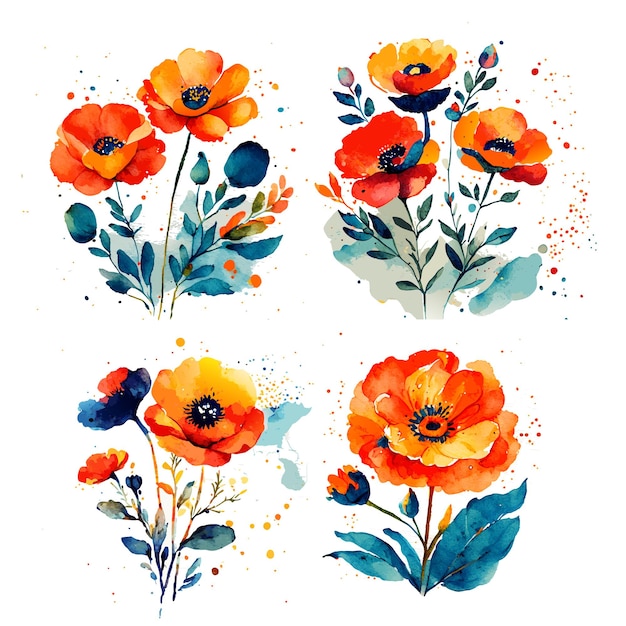 vector watercolor orange flowers arrangement collection