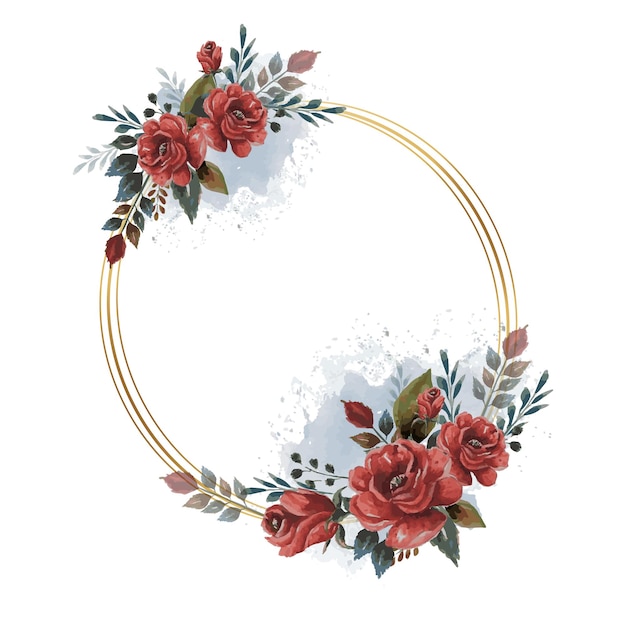 Vector watercolor red floral wreath with golden circle