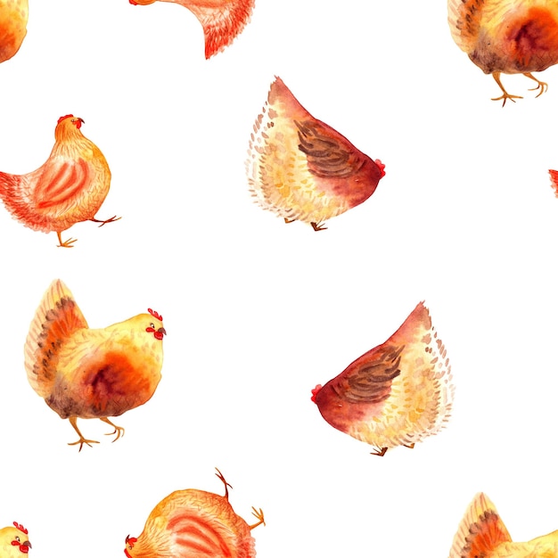 vector watercolor seamless pattern with cute chickens