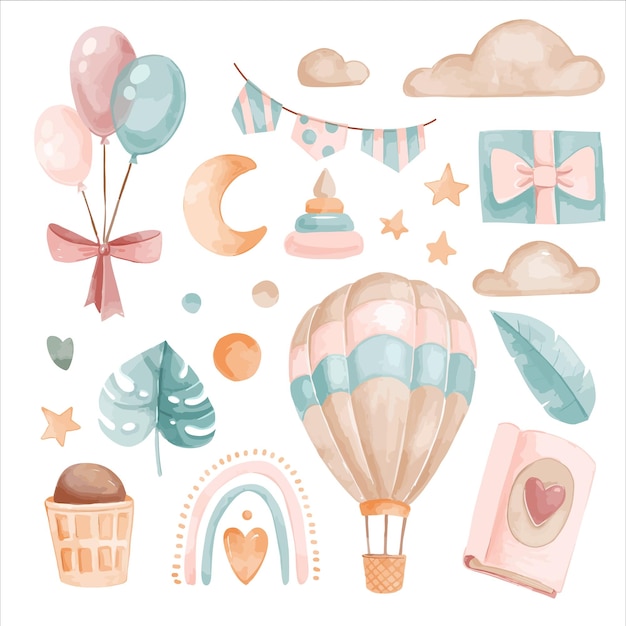 Vector watercolor set of cute child isolated elements