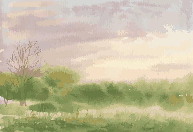 Paesaggio primaverile dell'acquerello di vettore della mattina presto nebbiosa in campagna