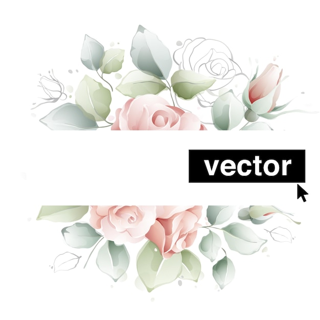Векторные иллюстрации акварель стиль розовых роз, бутонов и листьев. винтажный шаблон карты, дизайн приглашения на свадьбу, элементы цветочной рамки для вашего текста.