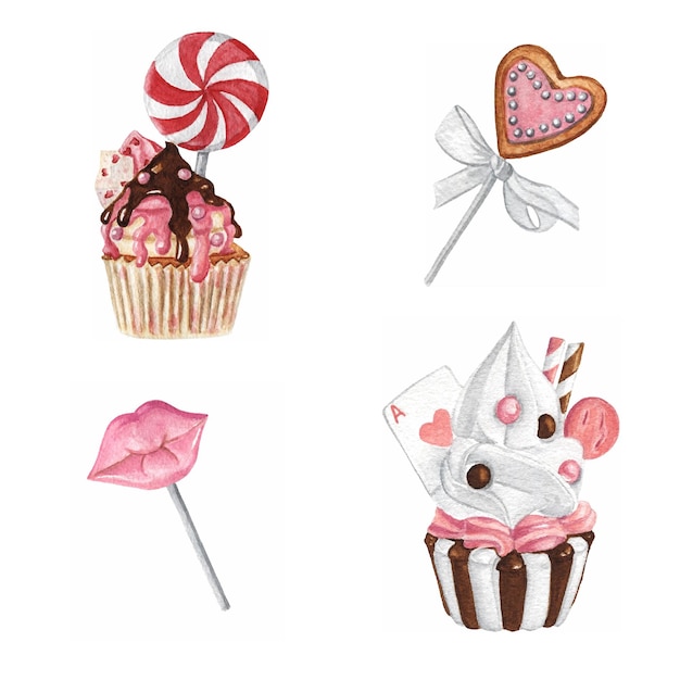 Vector vector watercolor valentines day cupcakes and sweets collection