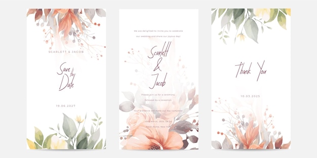 Vector watercolor wedding invitation floral and leaves card template