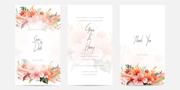 Vector watercolor wedding invitation floral and leaves card template