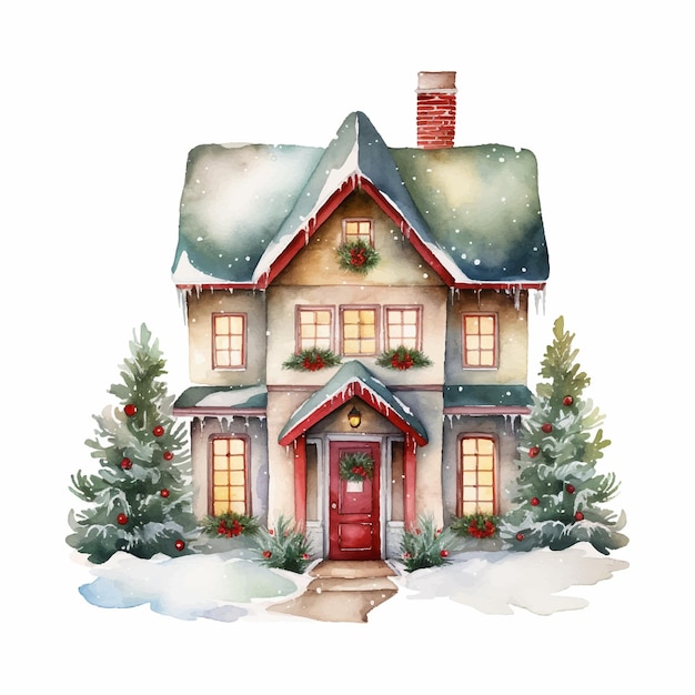 Vector watercolor winter cozy house illustrations Hand drawn modern home with snowy fir trees