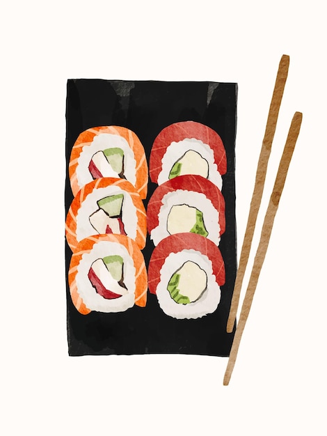 Accumulazione di sushi dell'acquerello di vettore sulla banda nera con le bacchette. elemento di design del menu asiatico