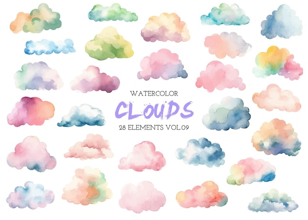 Vector waterverf geschilderde kleurrijke wolken met de hand getekende ontwerpelementen geïsoleerd op witte achtergrond
