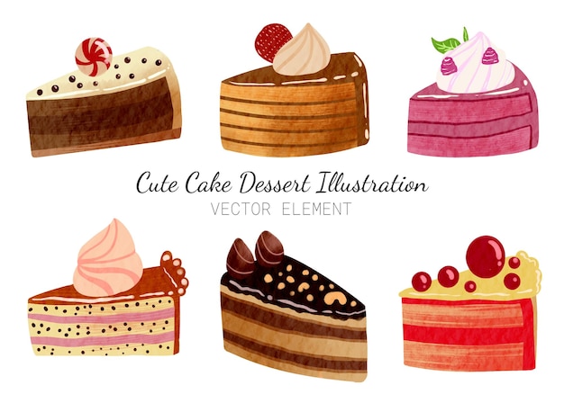 Vector waterverf schattige taart dessert illustratie set