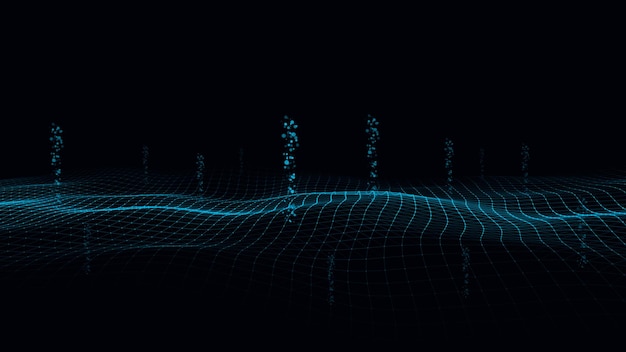 ベクトル波とモーションドット 抽象的なデジタル背景 コンセプト 関連 大量データ 粒子の形でインターネットにデータを送信する 未来技術の背景