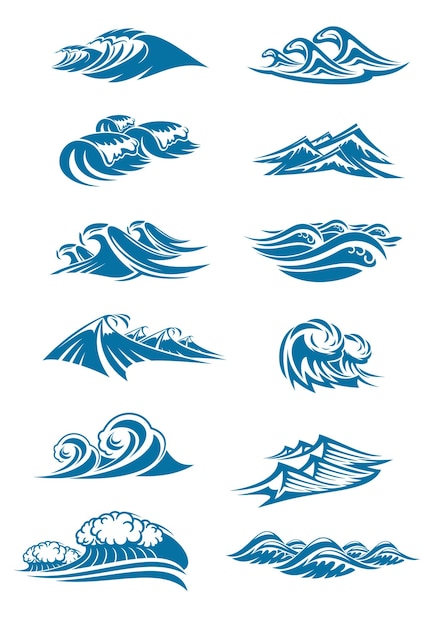 Vector vector waves icons of ocen water wave blue splash