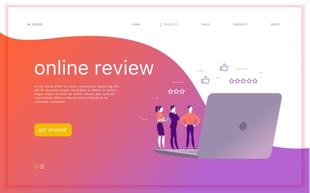 Vector web page concept design with online review theme Office people stand watching on mobile device screen  laptop tablet Thumb up stars line icons Landing page mobile app UI UX site