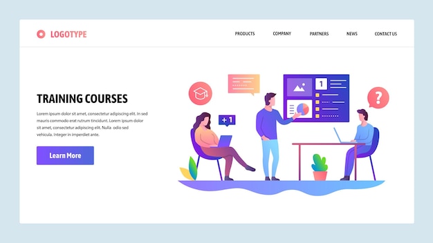 Vector vector web site design template business meeting and presentation training course with tutor landing page concepts for website and mobile development modern flat illustration