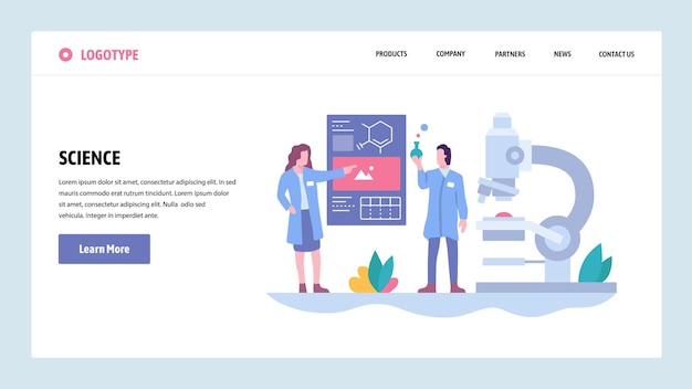 ベクター・ウェブサイト・グラディエント・デザイン・テンプレート - 研究室での科学実験 - 科学者微鏡フラスク - ウェブサイトとモバイル開発のためのランディングページのコンセプト - 現代的なフラットイラスト