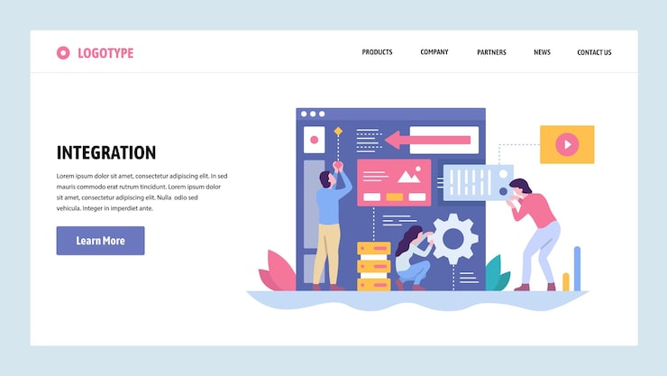 Vector 터 웹 사이트 그라디언트 디자인 템플릿 소프트웨어 및 웹 사이트 개발 팀 새로운 앱 통합 구축 웹 사이트 및 모바일 개발을위한 랜딩 페이지 개념 현대 평면 일러스트