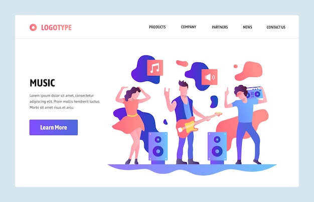 벡터 터 웹 사이트 선형 미술 디자인 템플릿 록과 춤을 연주하는 음악 밴드 웹 사이트 및 모바일 개발을위한 랜딩 페이지 개념 현대적인 평평한 일러스트