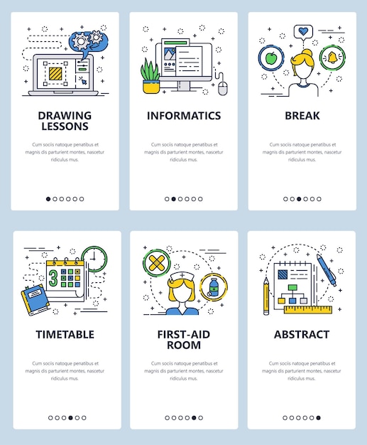 Vector web site linear art onboarding screens template Drawing lessons and online education Nurse in first aid hospital Menu banners for website and mobile app development
