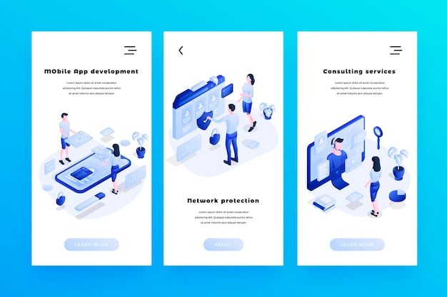 Vector webbanners sjablonen instellen met isometrische personen karakters voor websites of mobiele apps 3d isometrische vectorillustratie Mobiele app netwerk bescherming en consulting services concepten